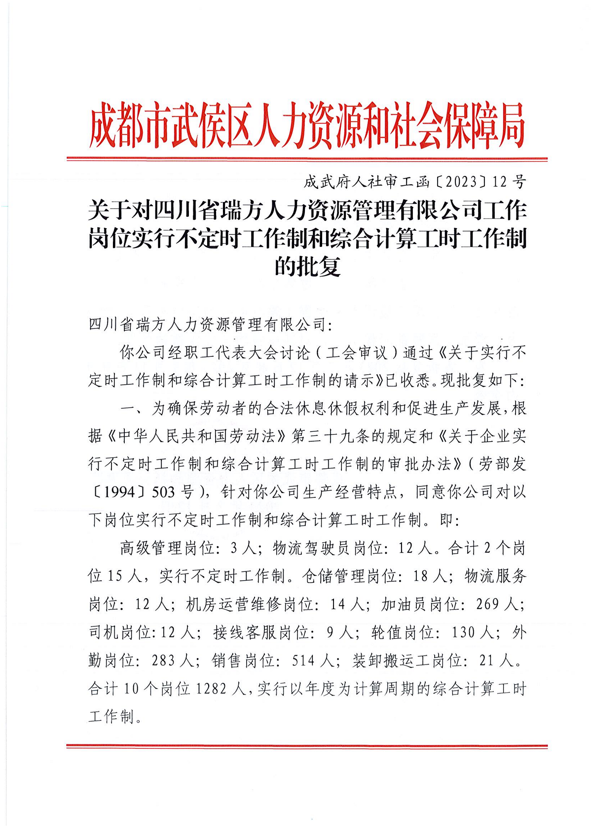 關于對四川省瑞方人力資源管理有限公司工作崗位實行不定時工作制和綜合計算工時工作制的批復 第1張